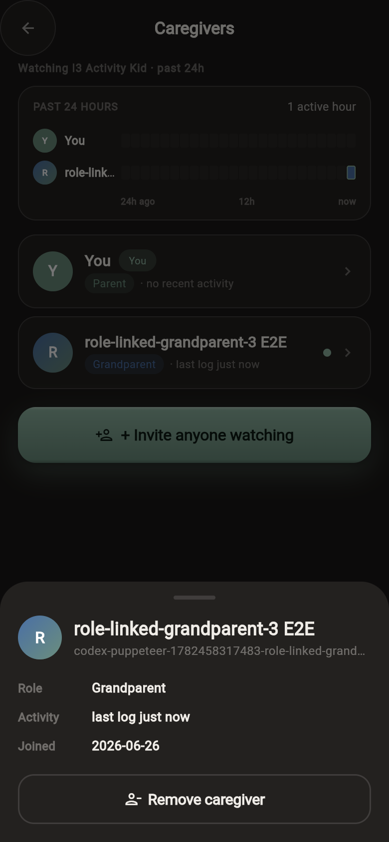 Caregiver detail screen with role and recent activity