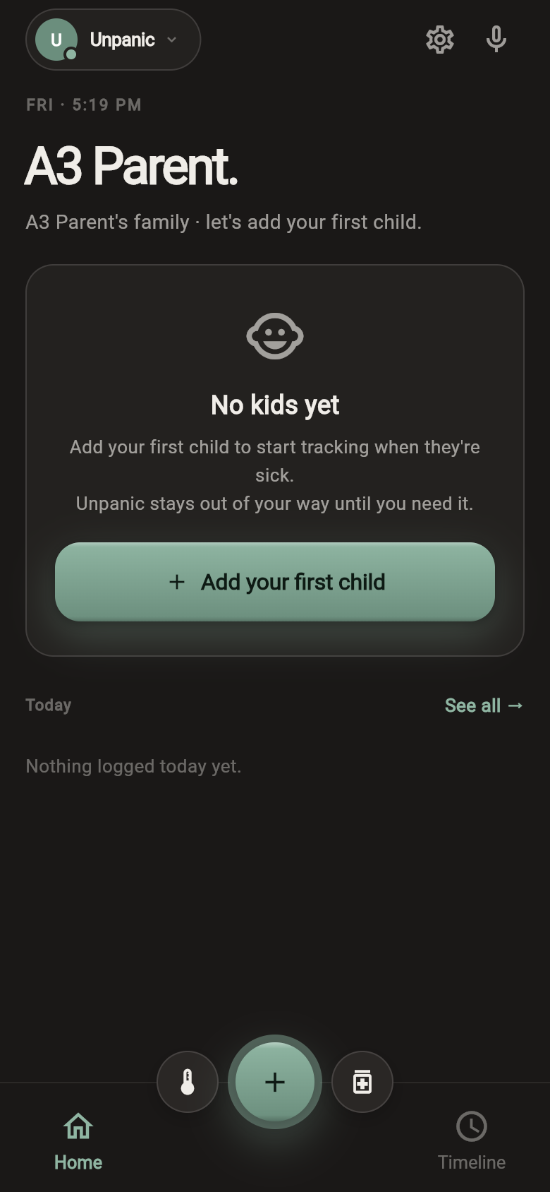 Unpanic home screen showing a child's illness timeline
