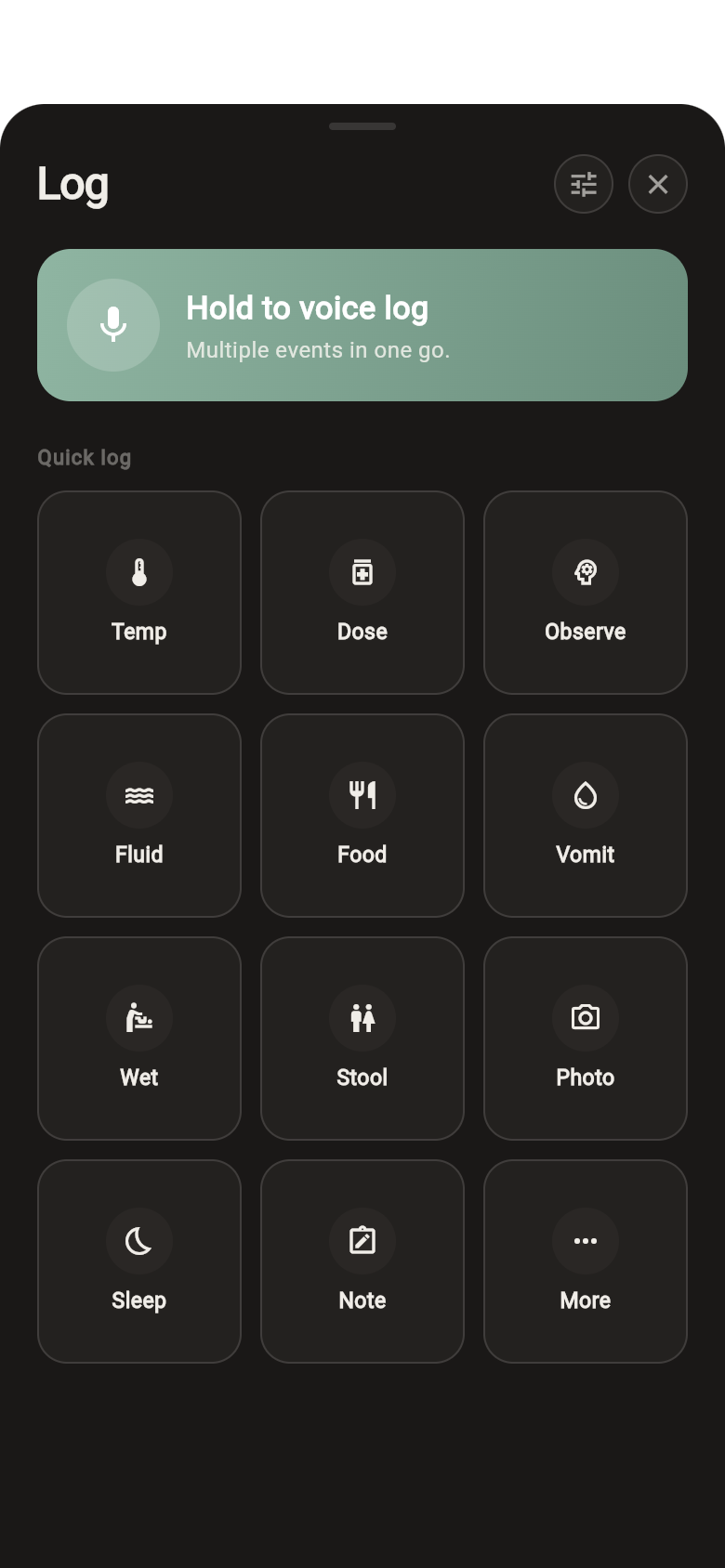 Quick log screen with symptom, dose, fluid, food, sleep, and note options